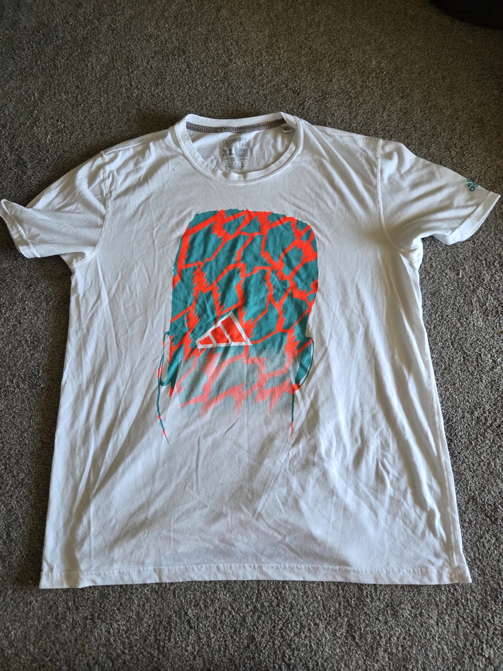Adidas Men’s White Graphic Tee with Teal & Coral Print